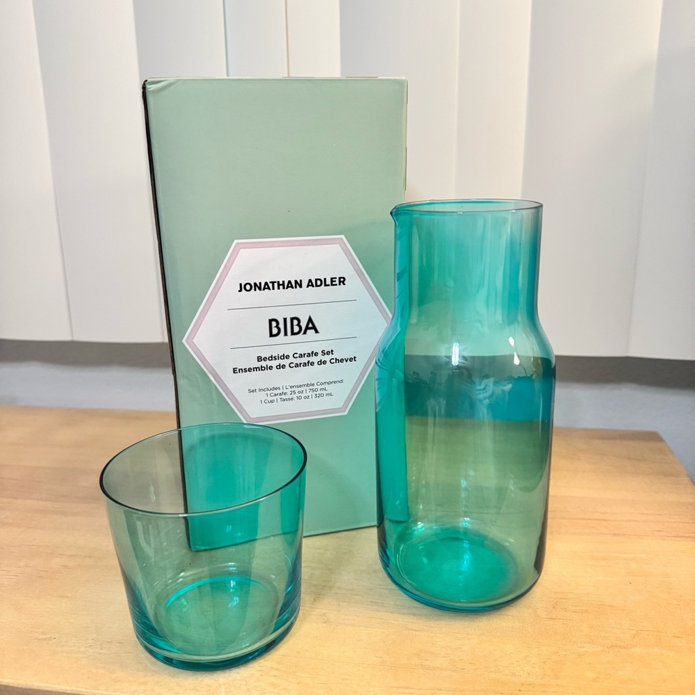Jonathan Adler Turquoise Glass Bedside Carafe Set - Brand New